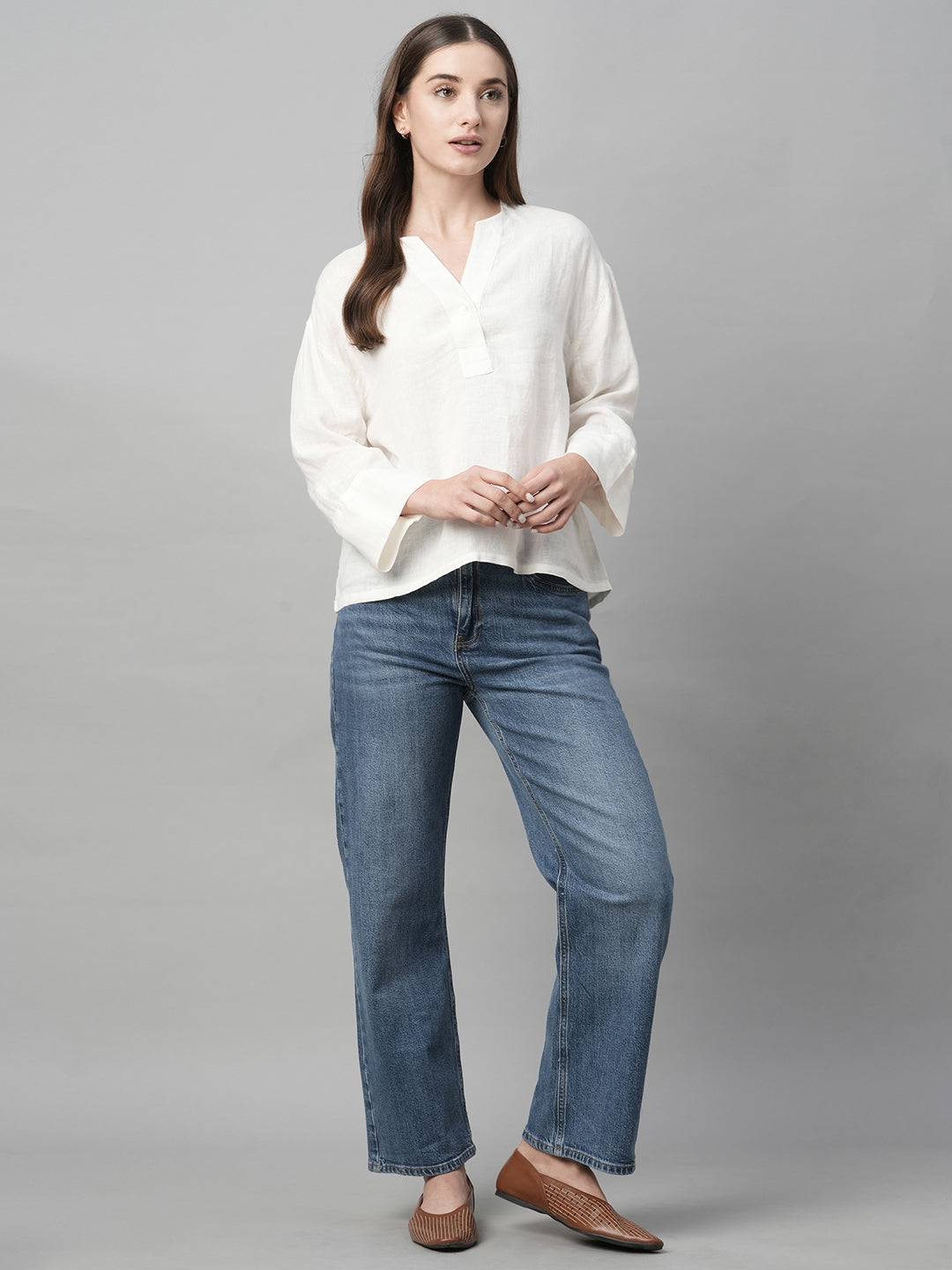 Women's White Linen Boxy Fit Blouse