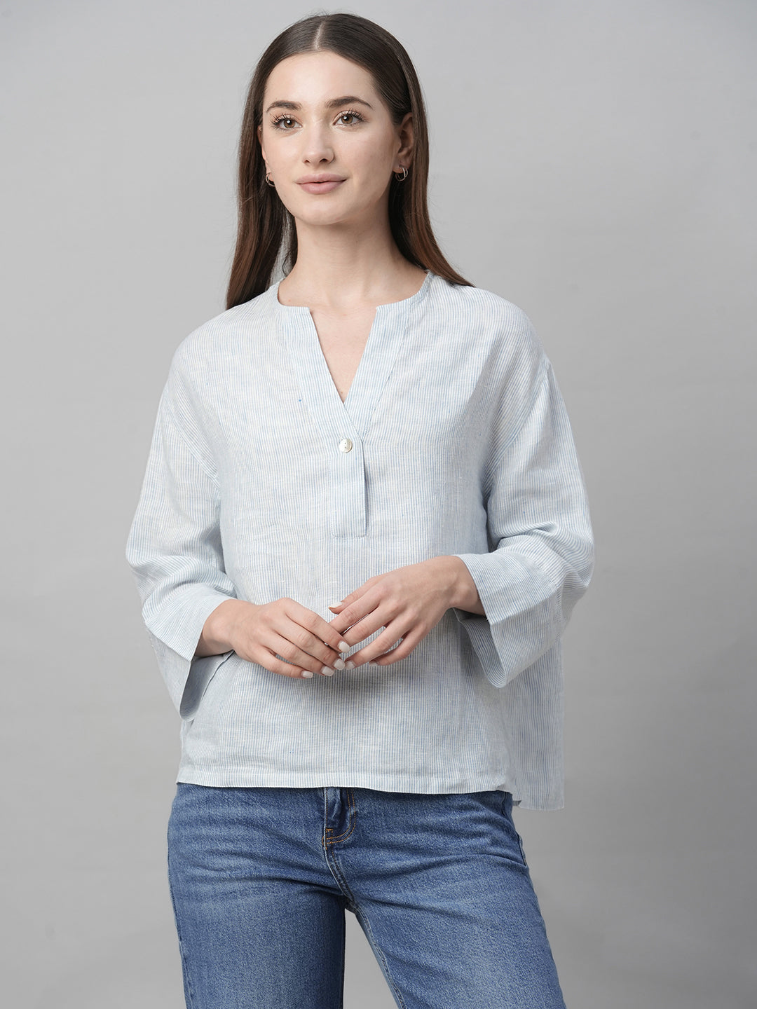 Women's Blue Linen Boxy Fit Blouse