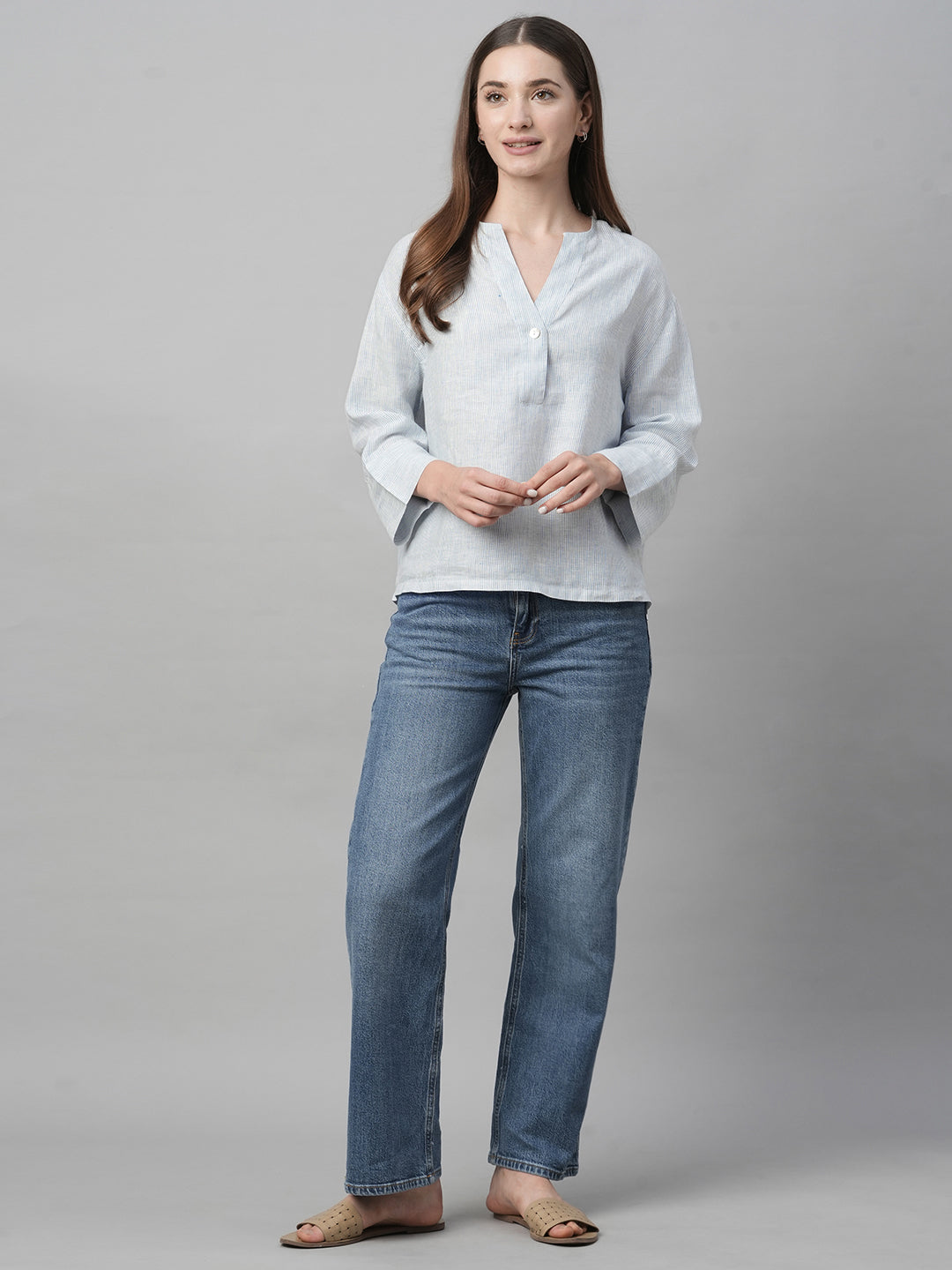 Women's Blue Linen Boxy Fit Blouse