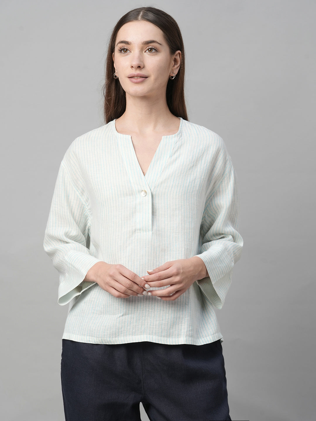 Women's Light Blue Linen Boxy Fit Blouse