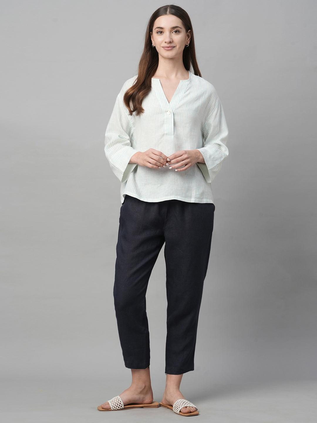 Women's Light Blue Linen Boxy Fit Blouse