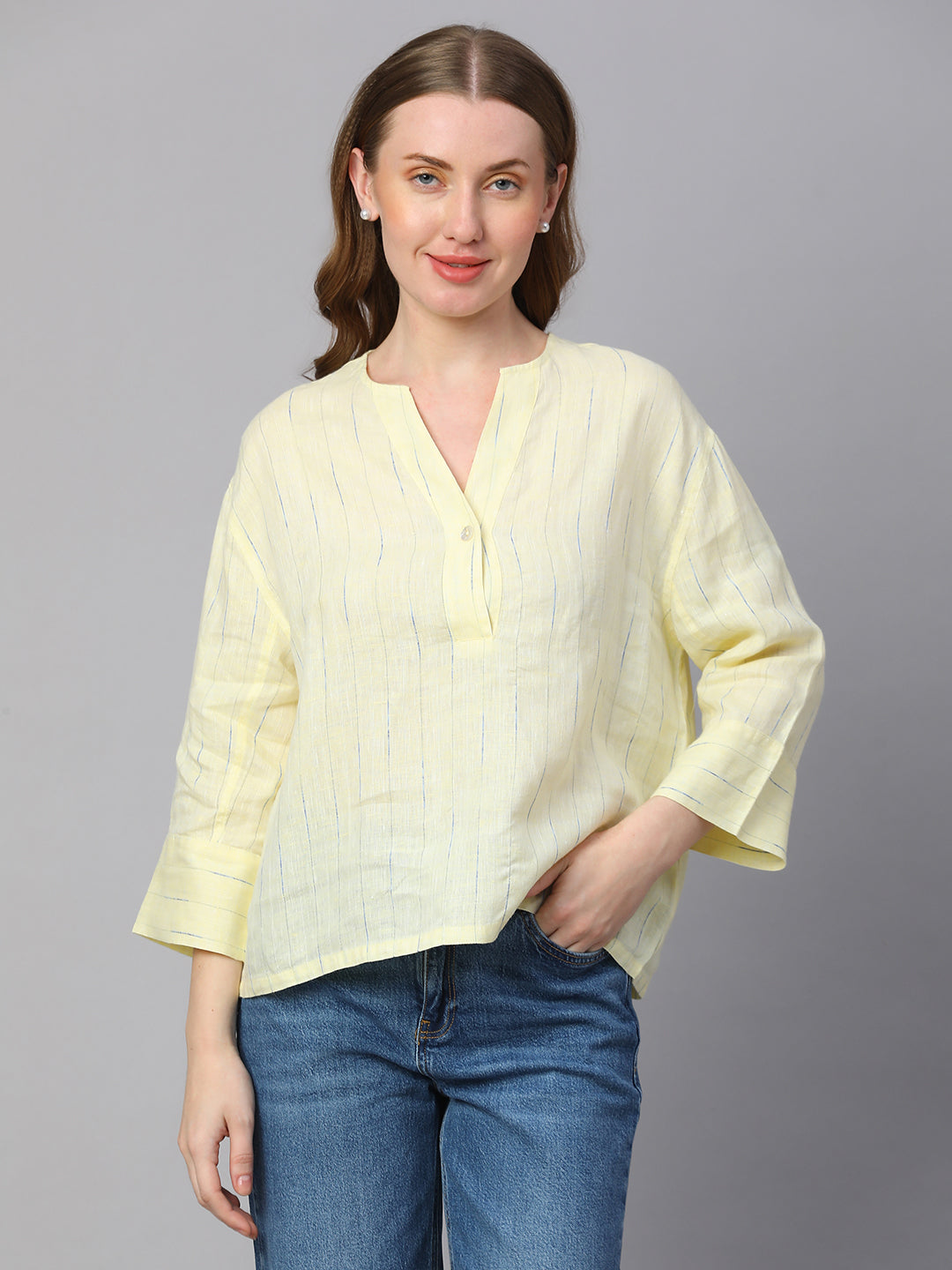 Women's Yellow Linen Boxy Fit Blouse