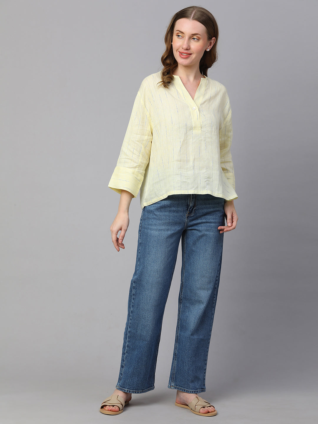 Women's Yellow Linen Boxy Fit Blouse