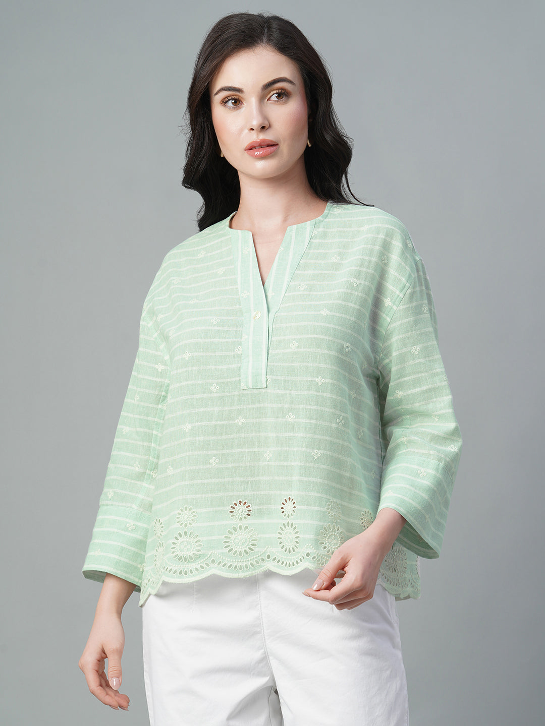 Women's Mint Cotton Flax Boxy Fit Blouse
