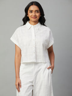 Women’s Cotton Regular Fit Cropped Button Blouse White