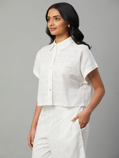 Women’s Cotton Regular Fit Cropped Button Blouse White