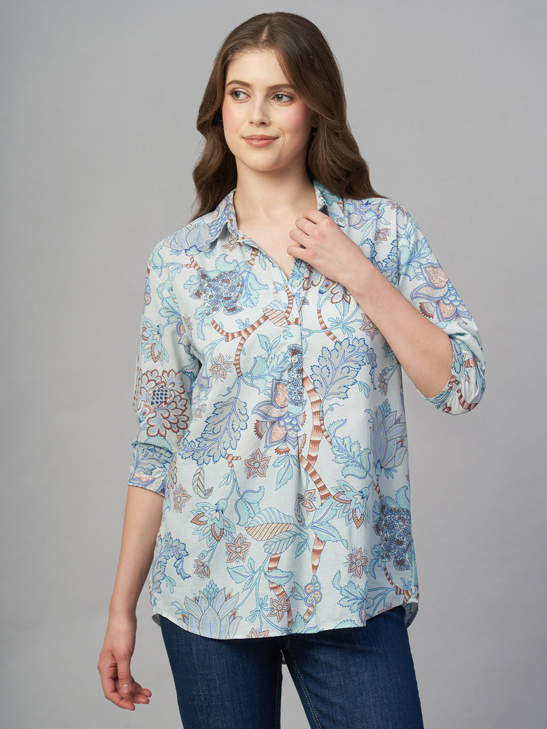 Women's Blue 100% Cambric Regular Fit Blouse