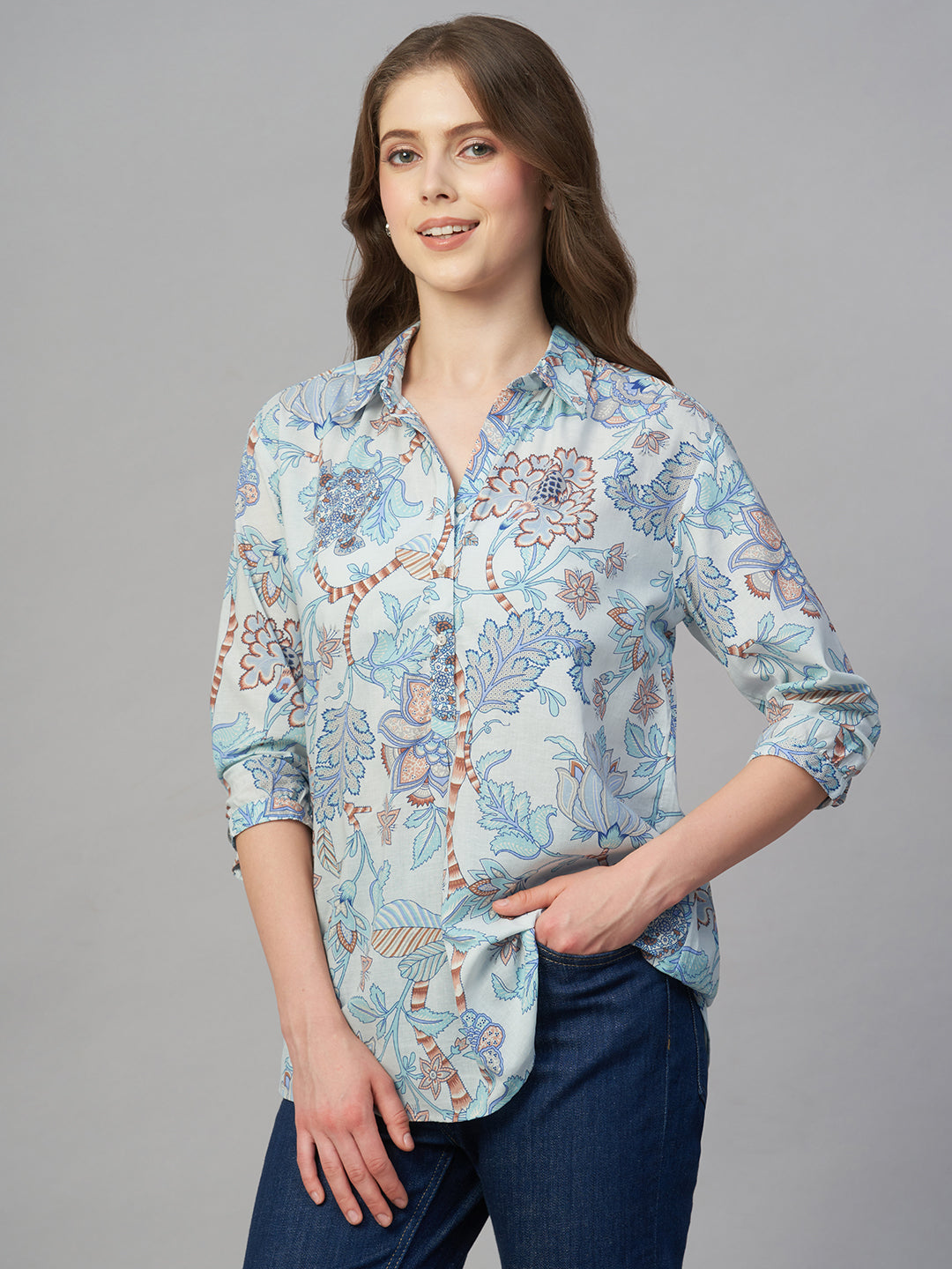 Women's Blue 100% Cambric Regular Fit Blouse