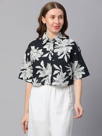 Women's Midnight Blue Cotton Flax Boxy Fit Blouse