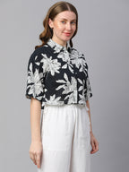 Women's Midnight Blue Cotton Flax Boxy Fit Blouse