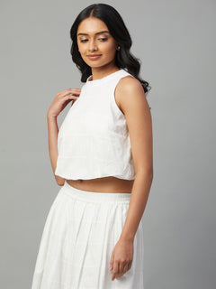 Women’s Cotton Regular Fit Sleeveless Crop Blouse White