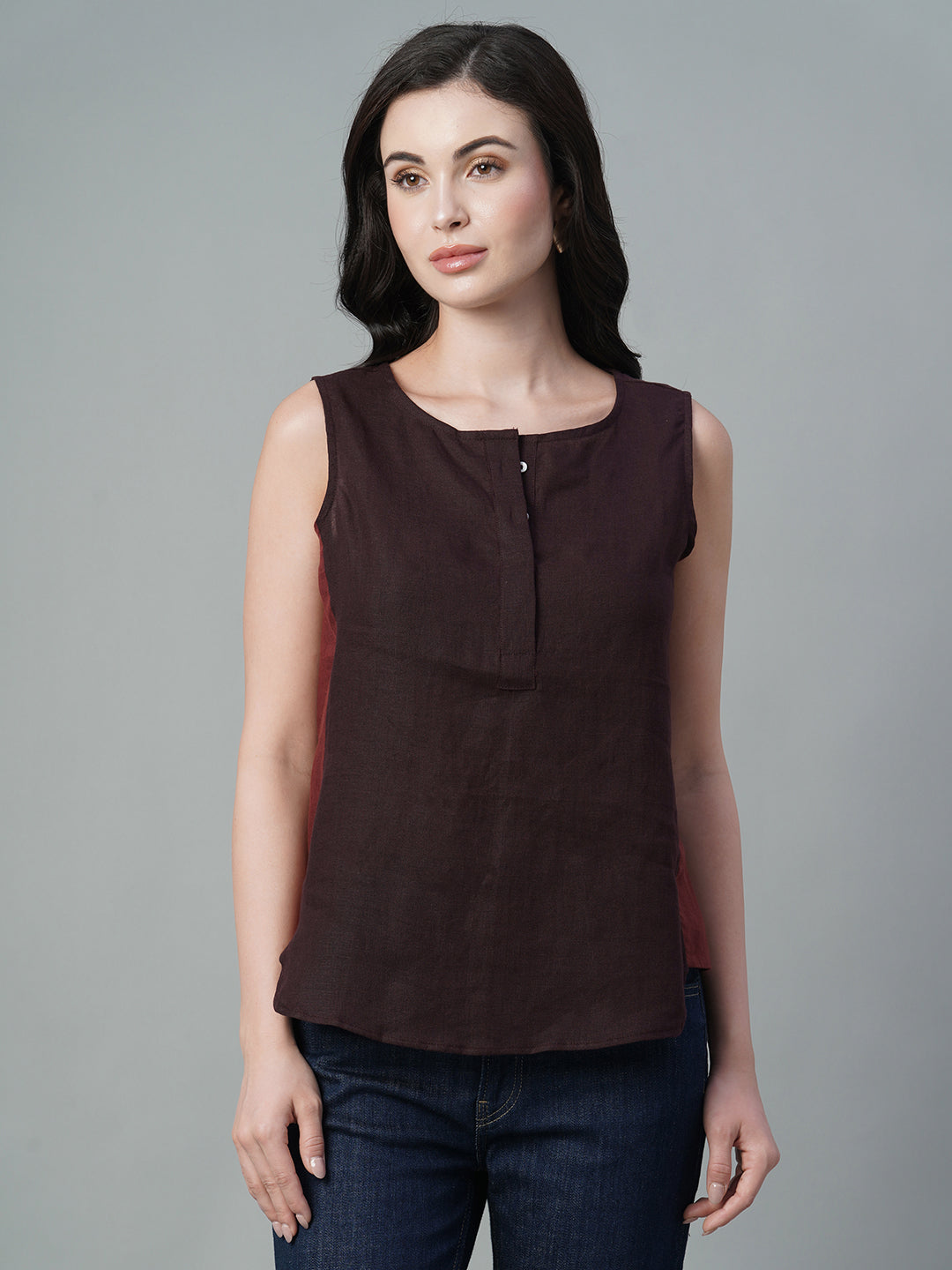 Women's Wine 100% Linen Regular Fit Blouse
