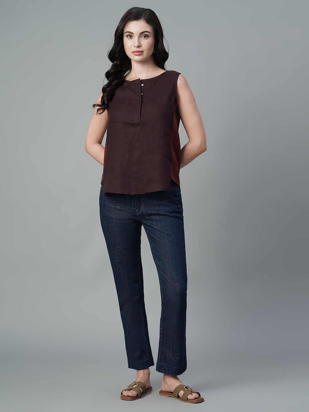 Women's Wine 100% Linen Regular Fit Blouse