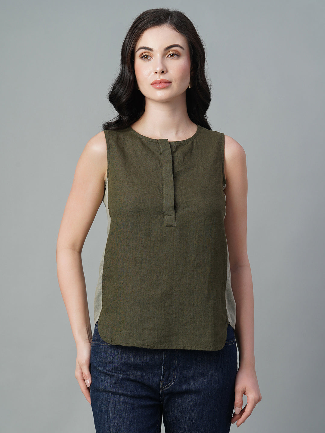 Women's Olive 100% Linen Regular Fit Blouse