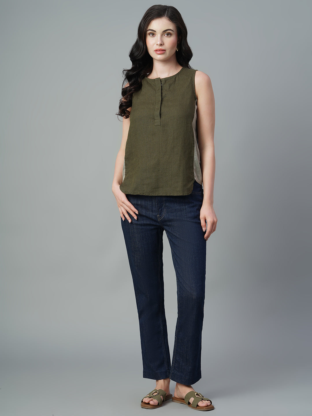 Women's Olive 100% Linen Regular Fit Blouse