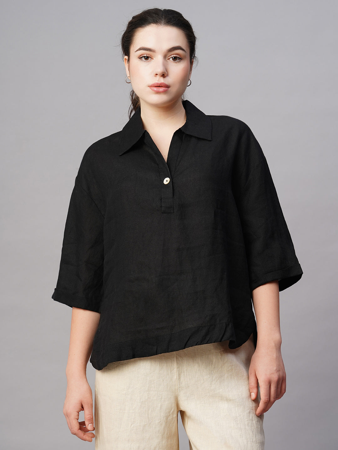 Women's Black Linen Boxy Fit Blouse