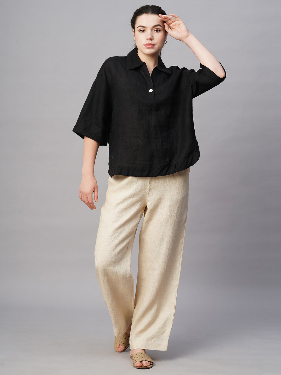 Women's Black Linen Boxy Fit Blouse