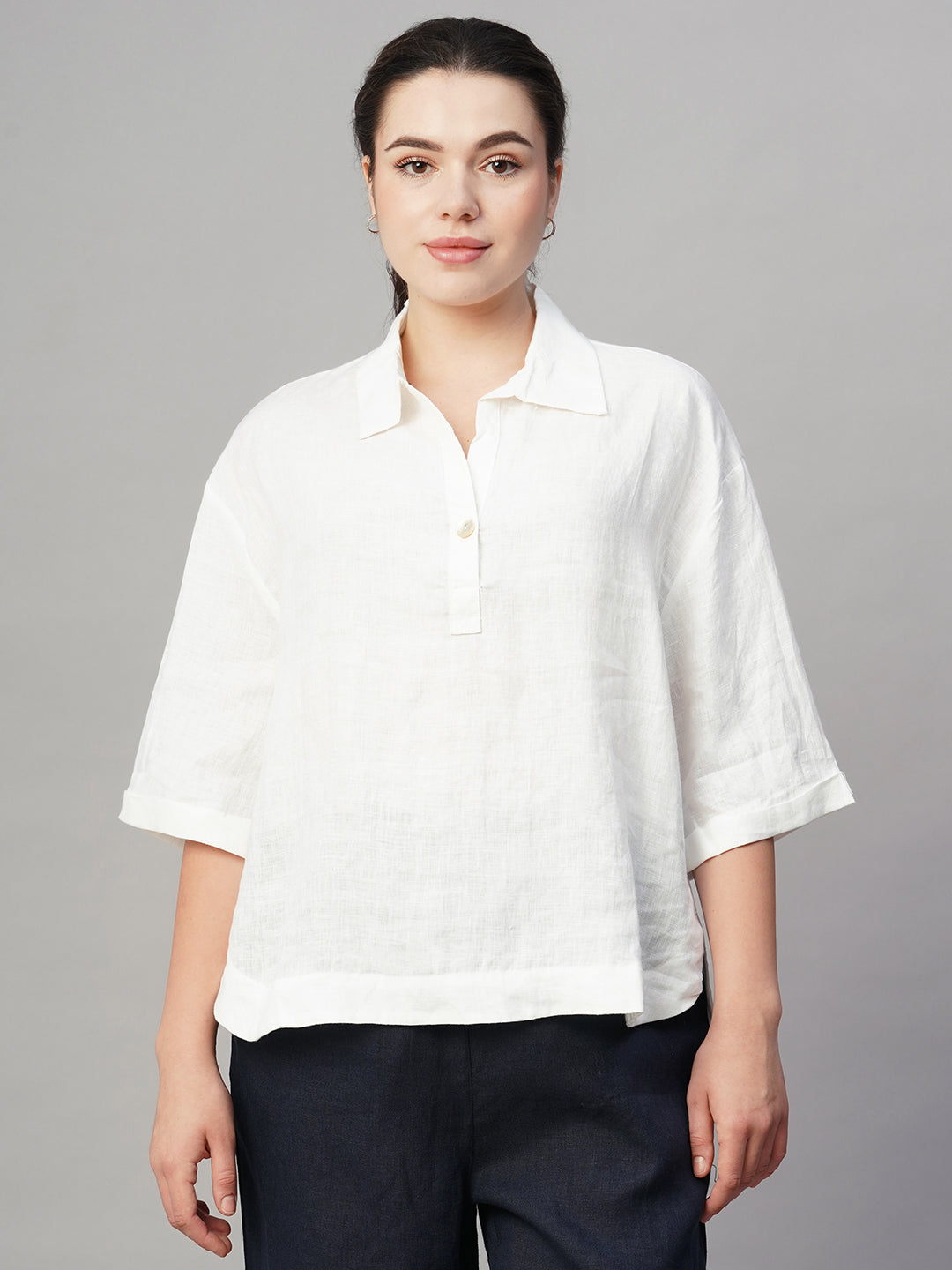 Women's White Linen Boxy Fit Blouse