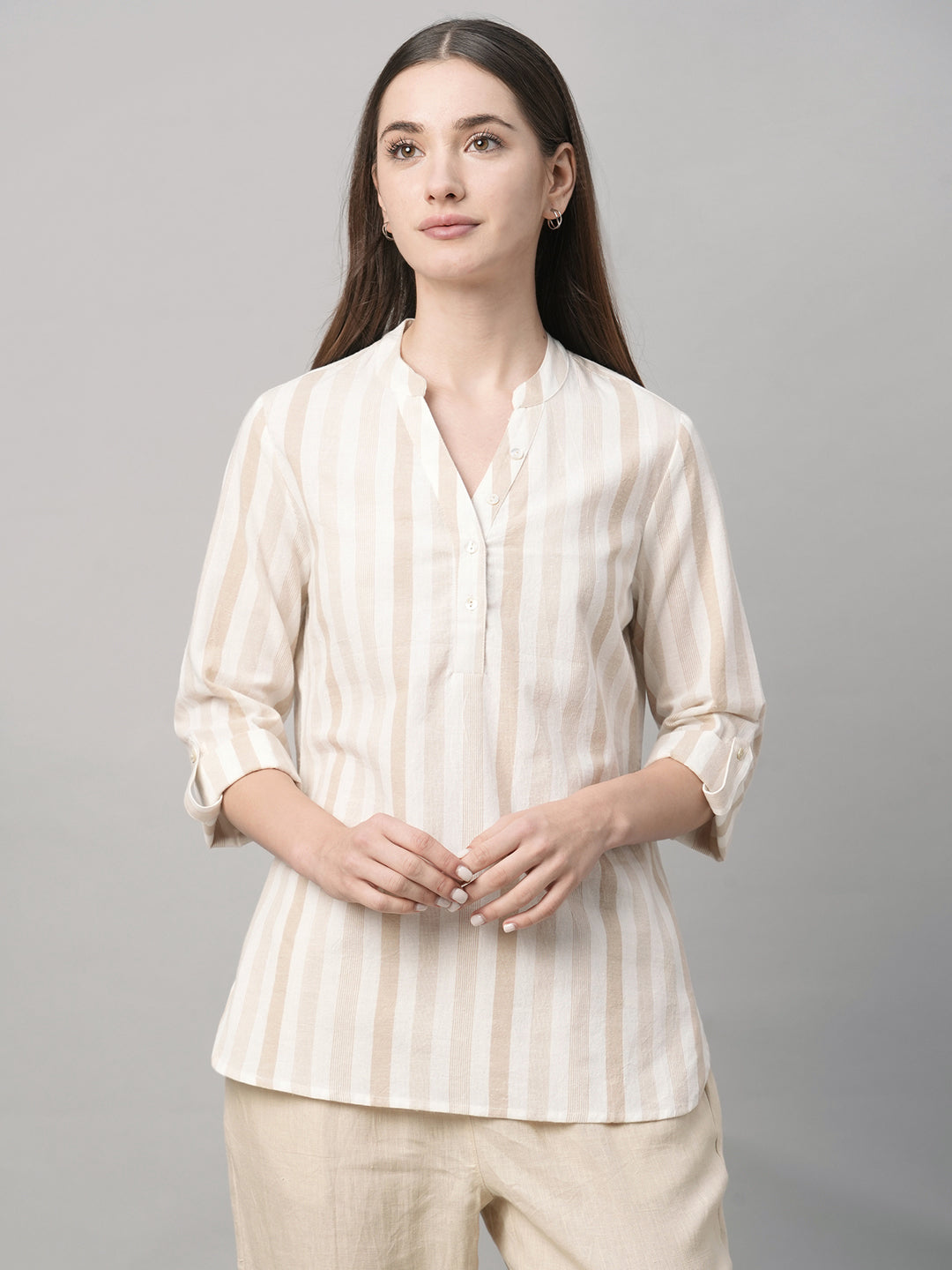 Women's Beige Cotton Linen Regular Fit Blouse