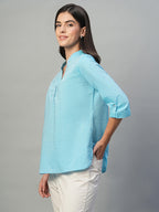 Women's Blue Cotton Linen Regular Fit Blouse