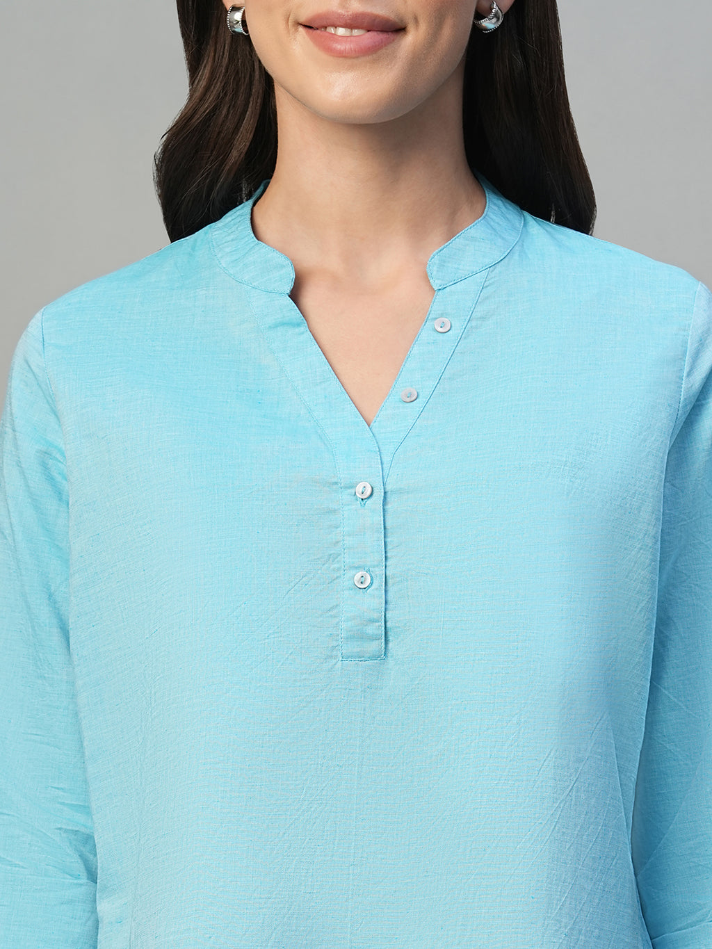 Women's Blue Cotton Linen Regular Fit Blouse