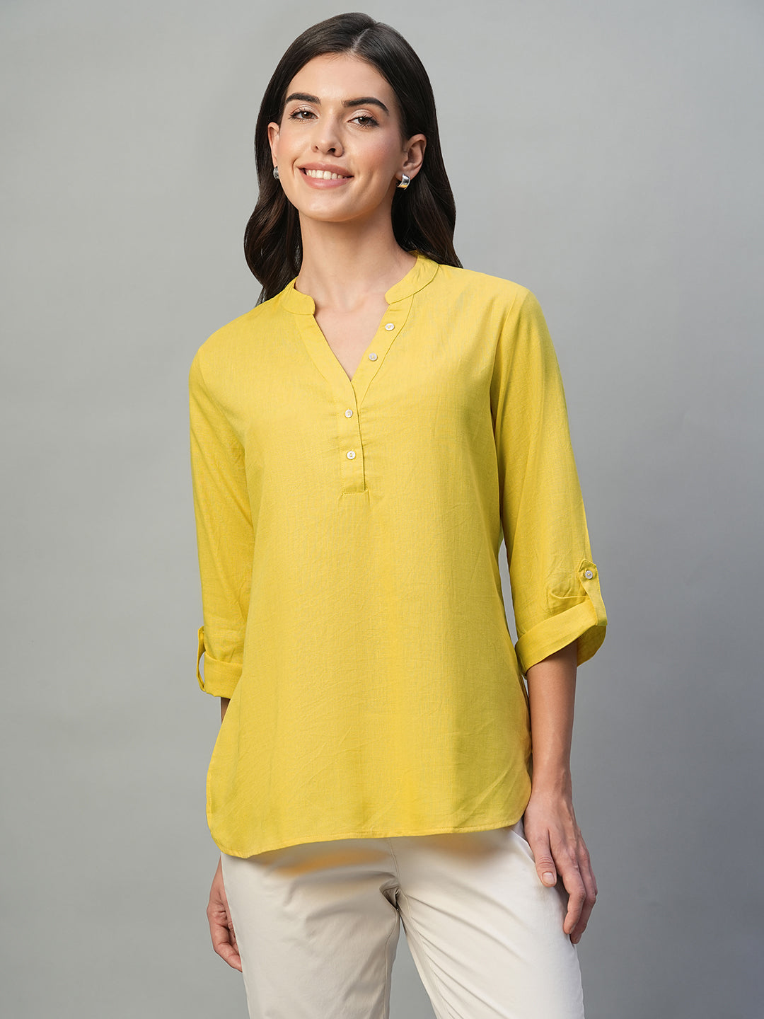 Women's Yellow Cotton Linen Regular Fit Blouse