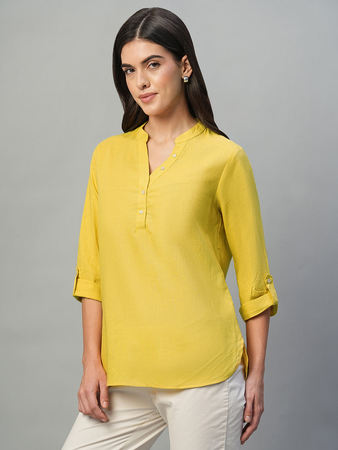 Women's Yellow Cotton Linen Regular Fit Blouse