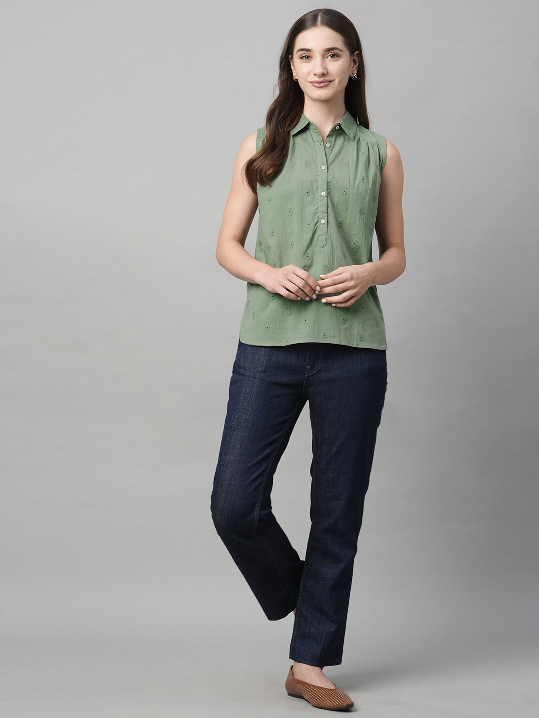 Women's Green Cotton Regular Fit Blouse