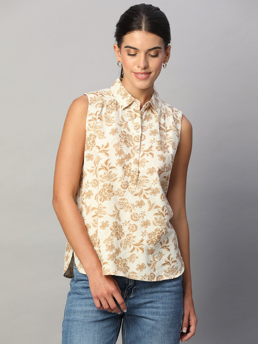 Women's Brown 100% Linen Regular Fit Blouse
