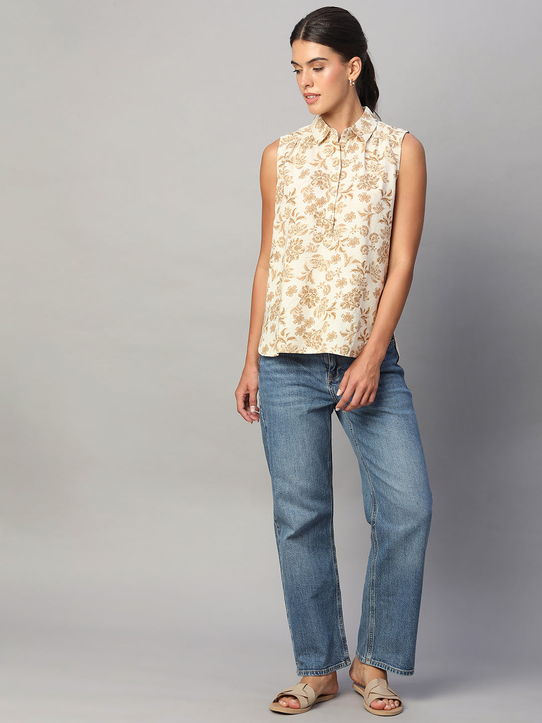 Women's Brown 100% Linen Regular Fit Blouse