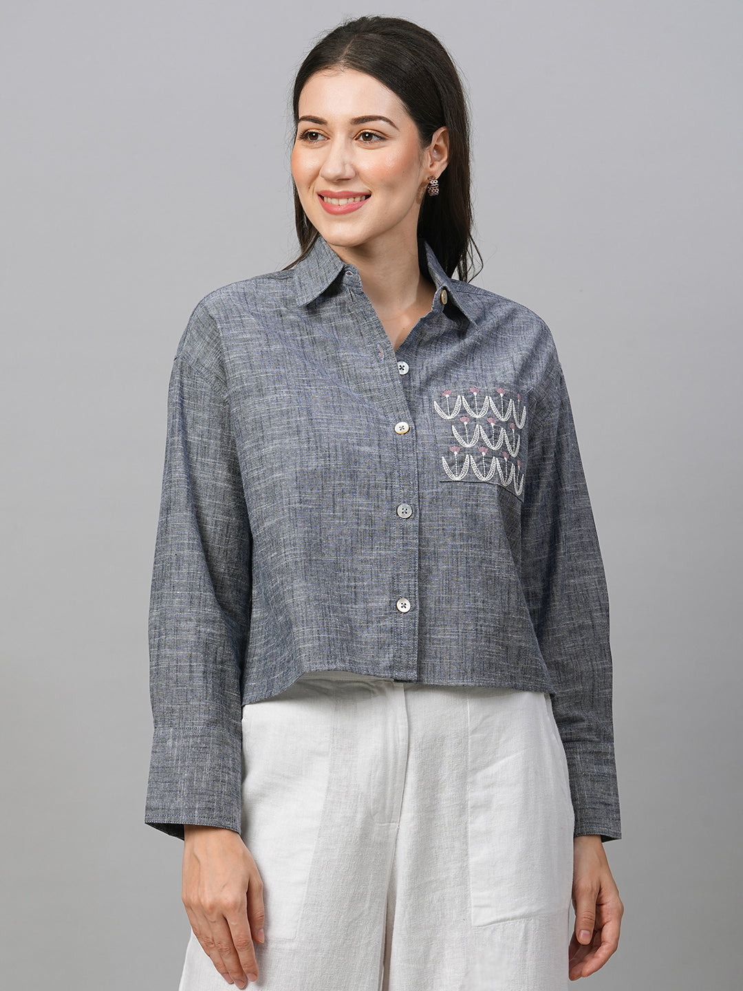 Women's Blue Cotton Boxy Fit Blouse