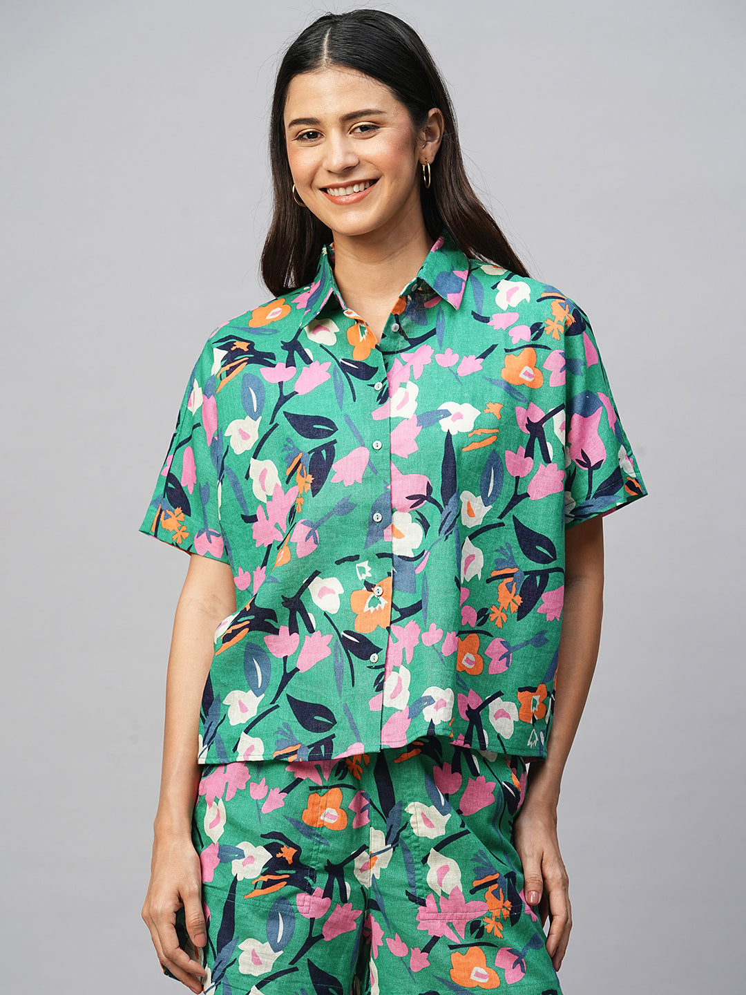 Women's Teal Cotton Flax Boxy Fit Blouse