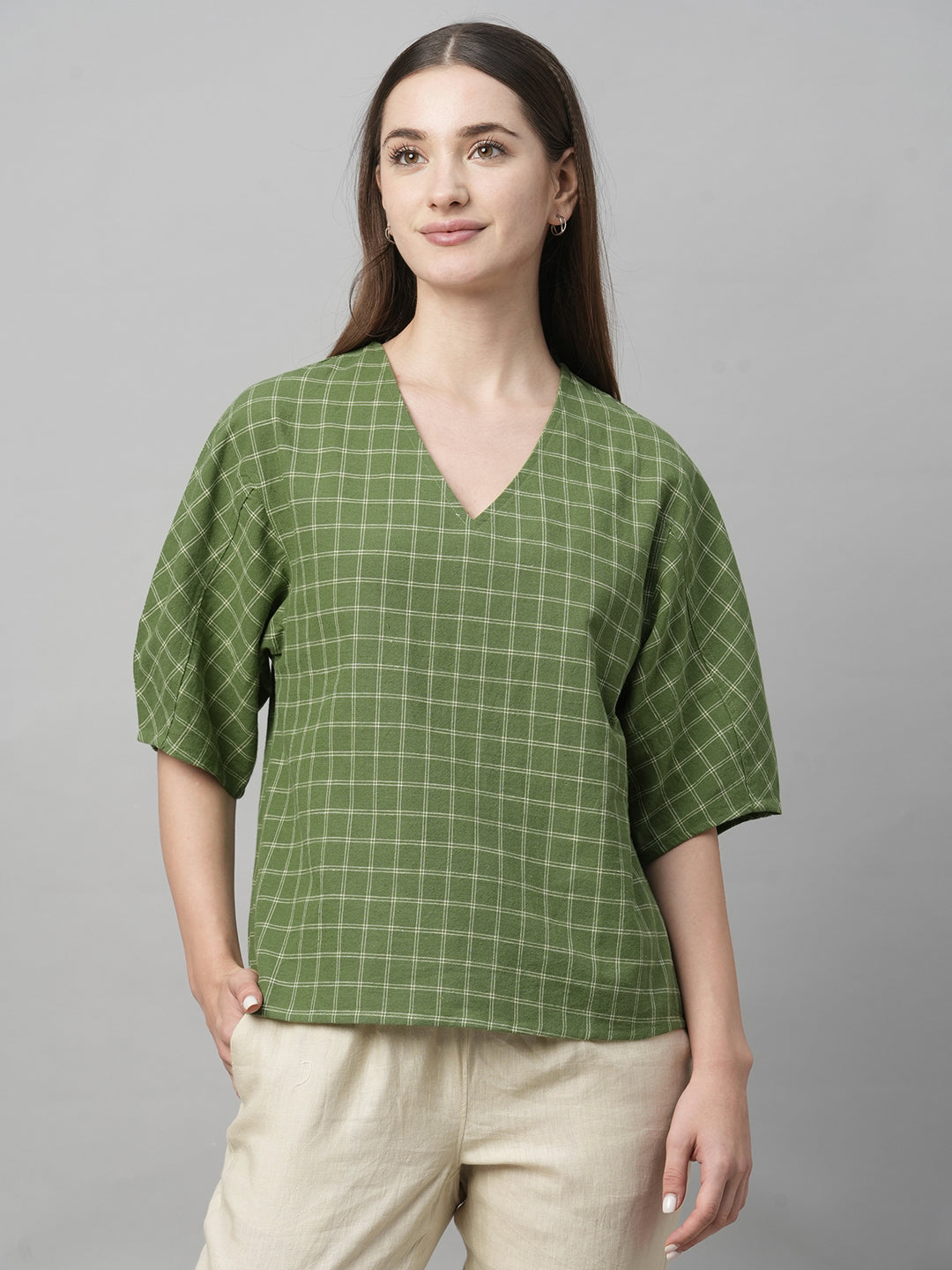 Women's Green Cotton Linen Regular Fit Blouse