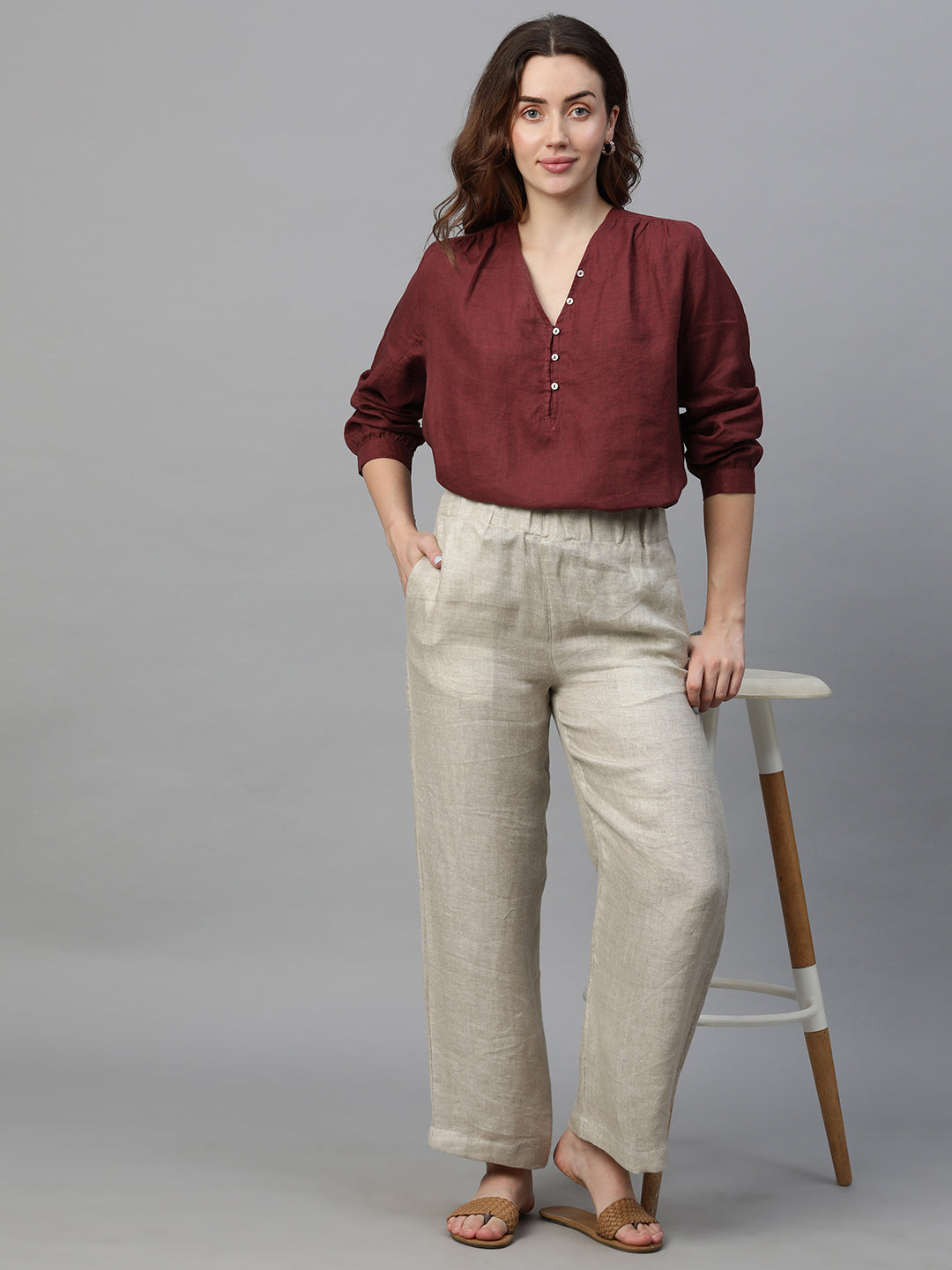 Women's Maroon Linen Regular Fit Blouse