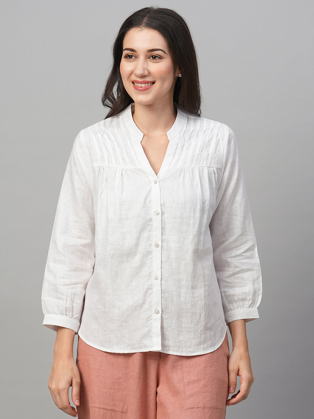 Women's White Linen Regular Fit Blouse