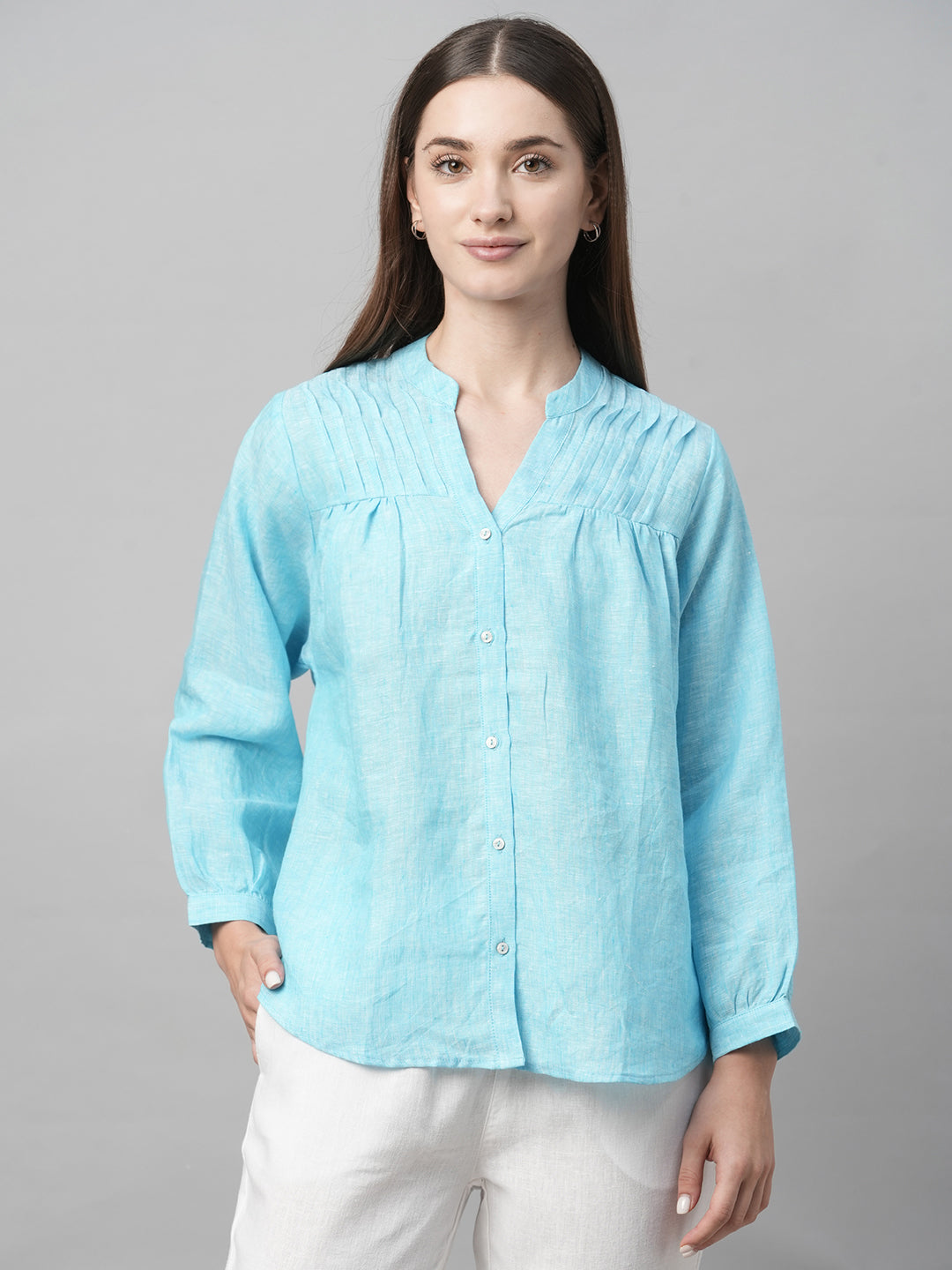 Women's Aqua Linen Regular Fit Blouse