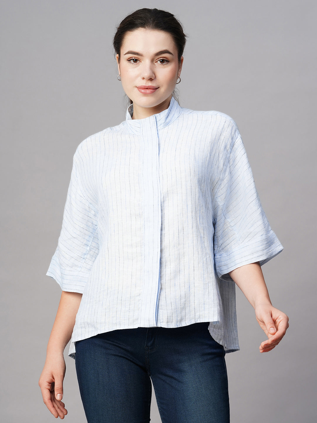 Women's Blue Linen Boxy Fit Blouse