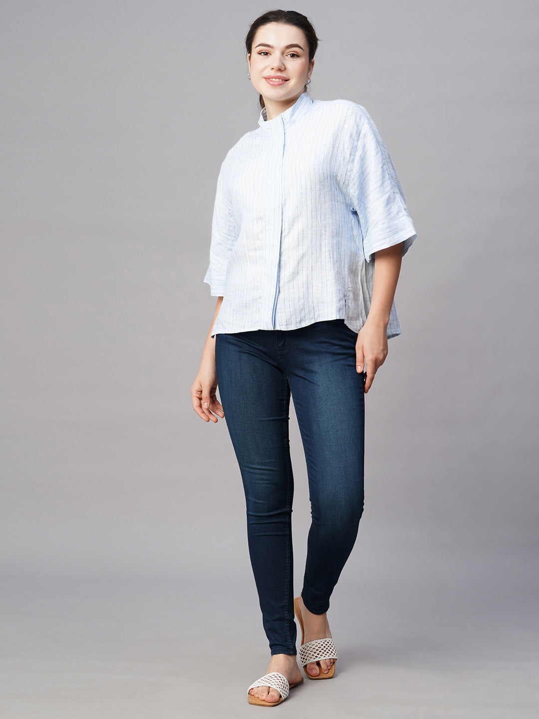 Women's Blue Linen Boxy Fit Blouse