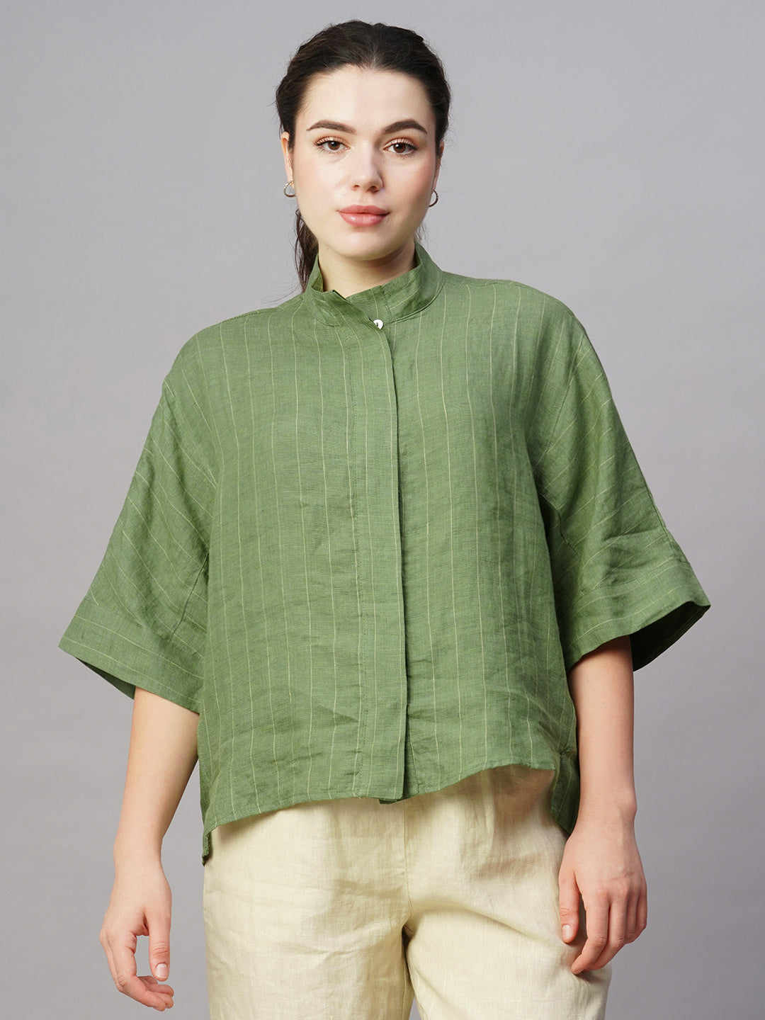 Women's Green Linen Boxy Fit Blouse