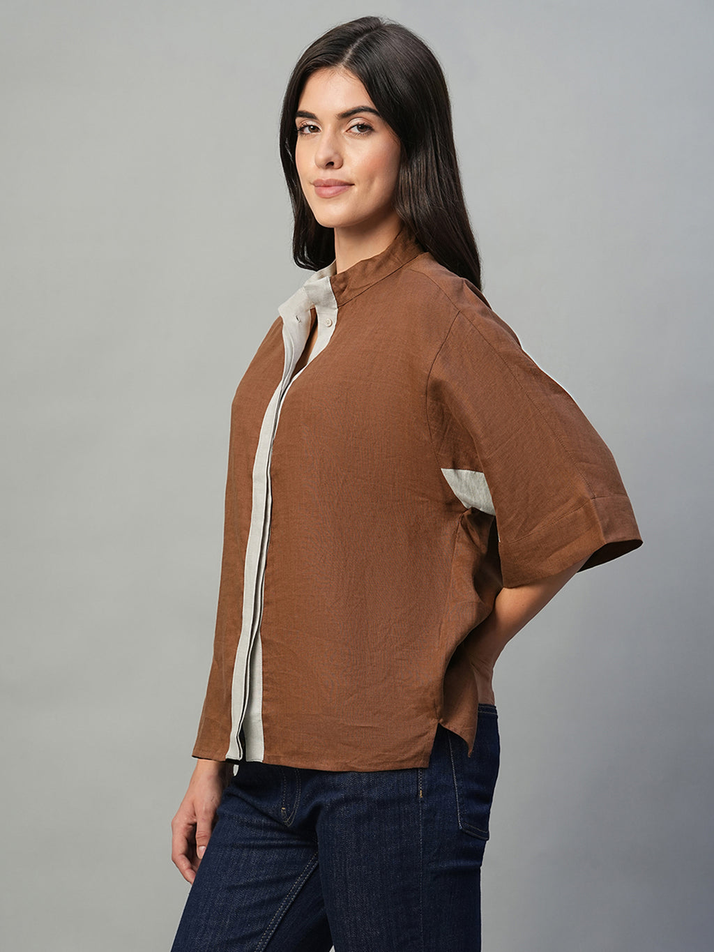 Women's Brown 100% Linen Boxy Fit Blouse