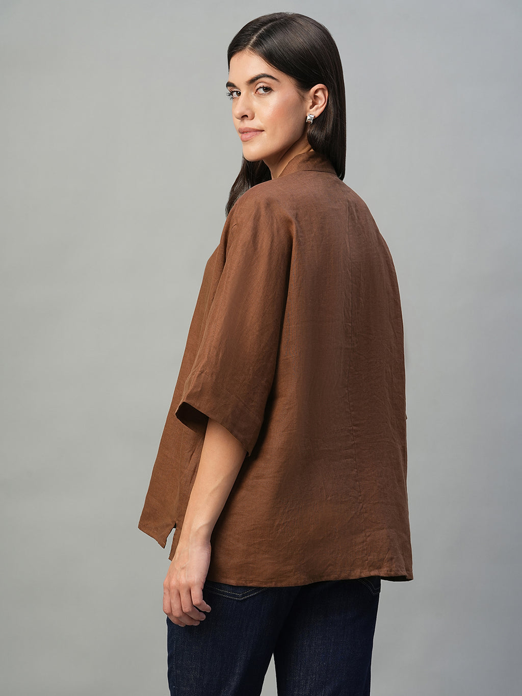 Women's Brown 100% Linen Boxy Fit Blouse