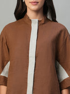 Women's Brown 100% Linen Boxy Fit Blouse