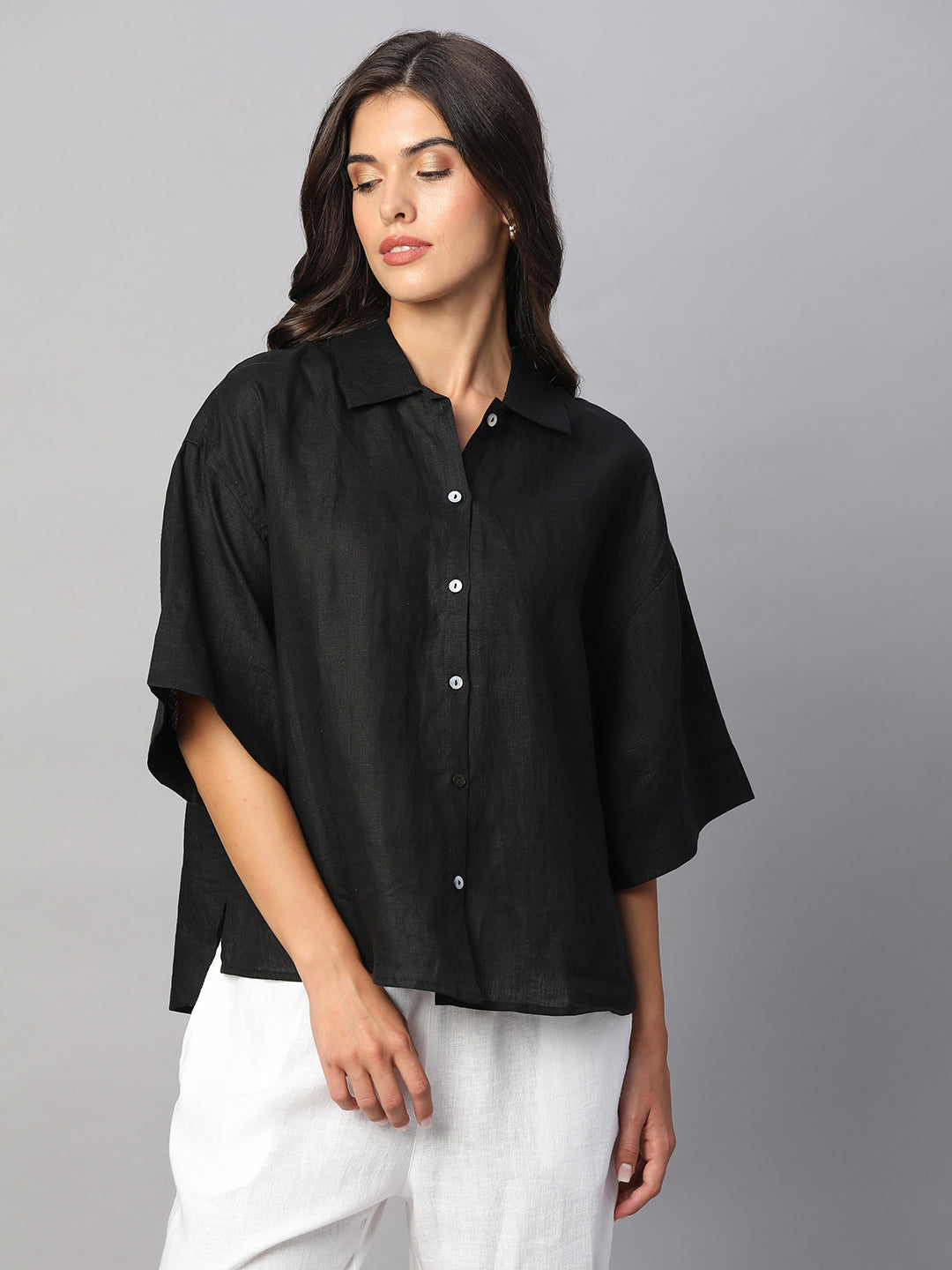 Women's Black 100% Linen Boxy Fit Blouse
