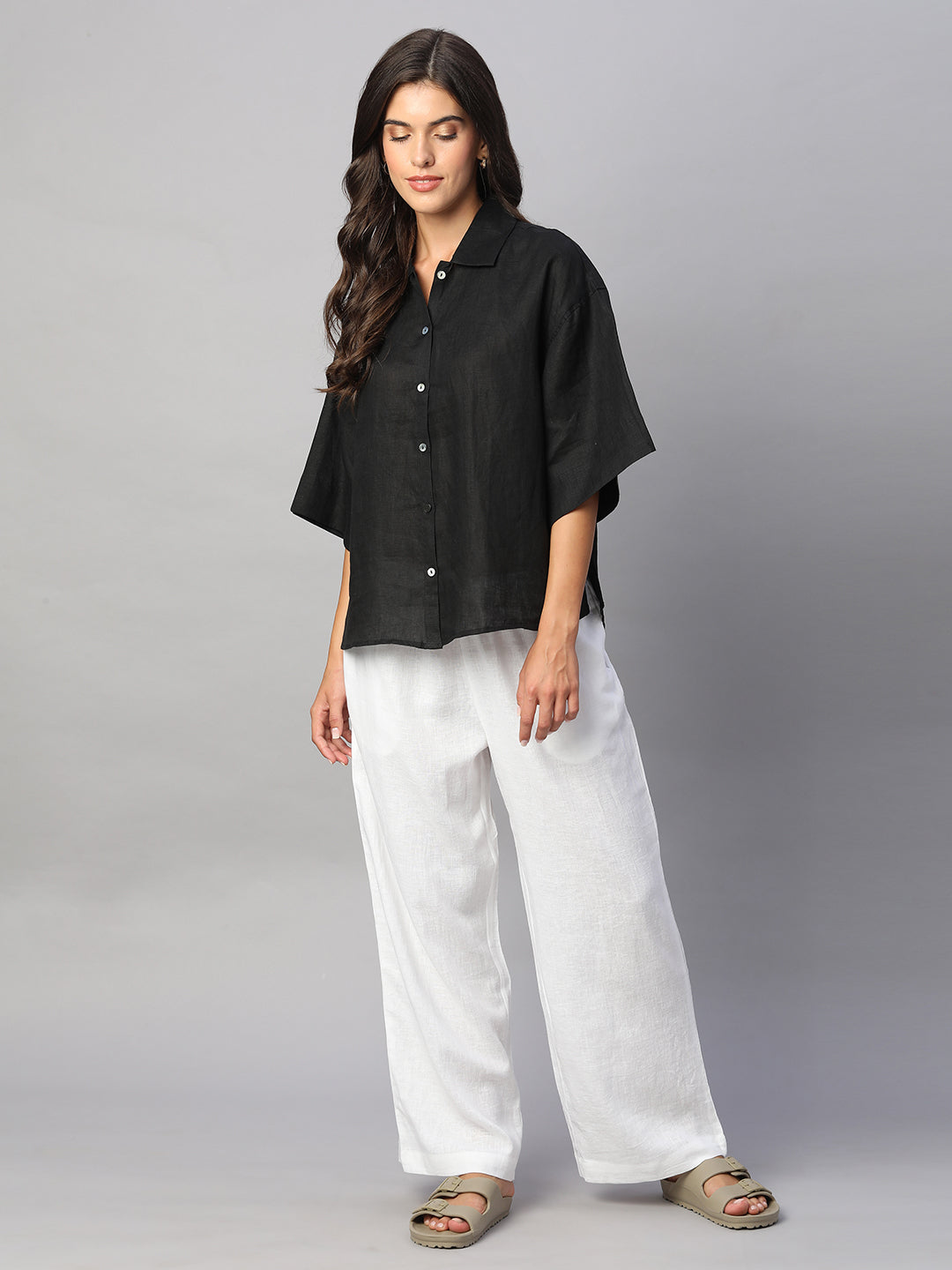 Women's Black 100% Linen Boxy Fit Blouse