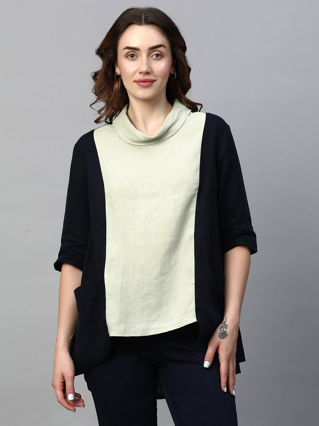 Women's Navy Linen Regular Fit Blouse