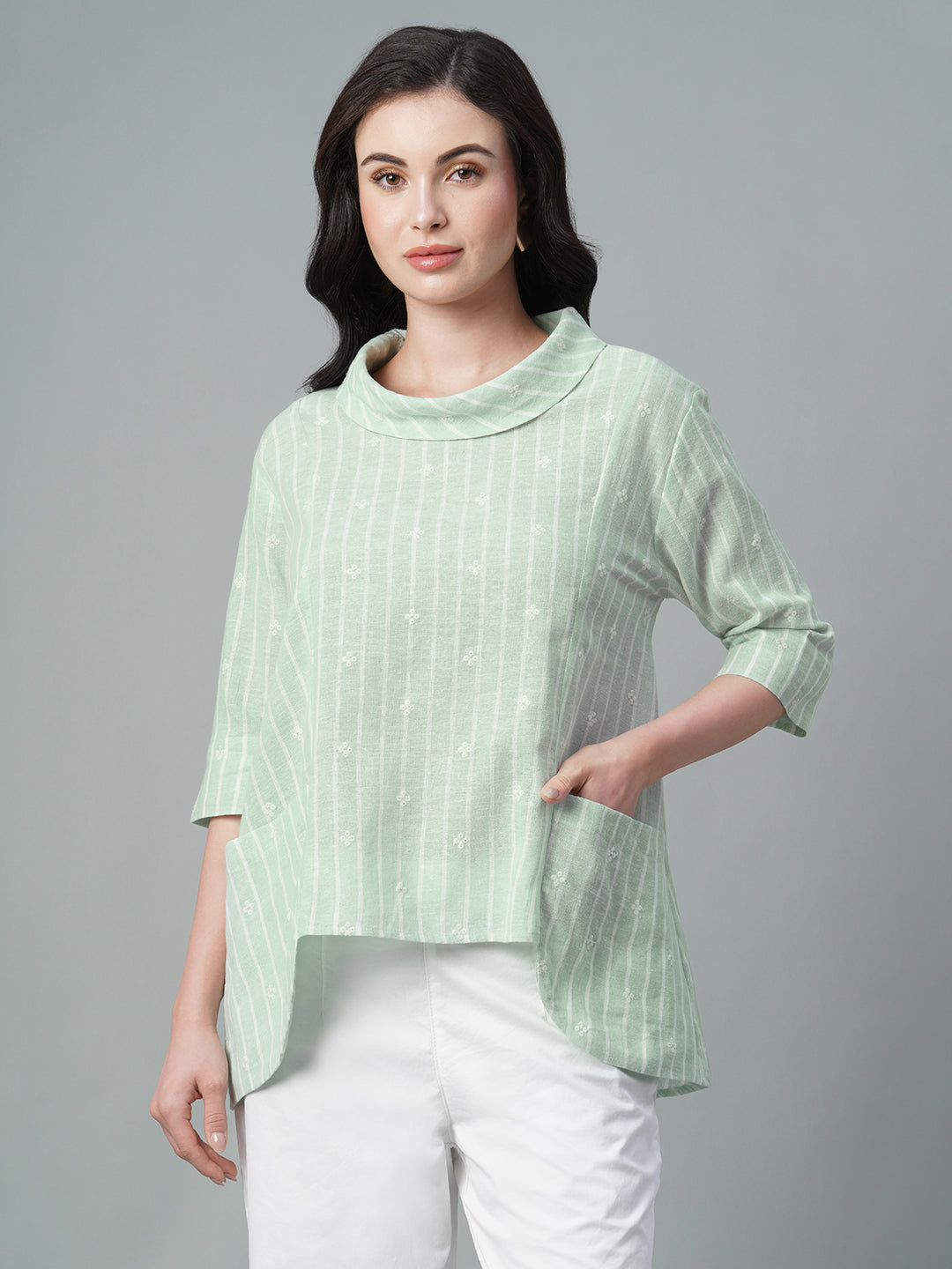 Women's Mint Cotton Flax Regular Fit Blouse
