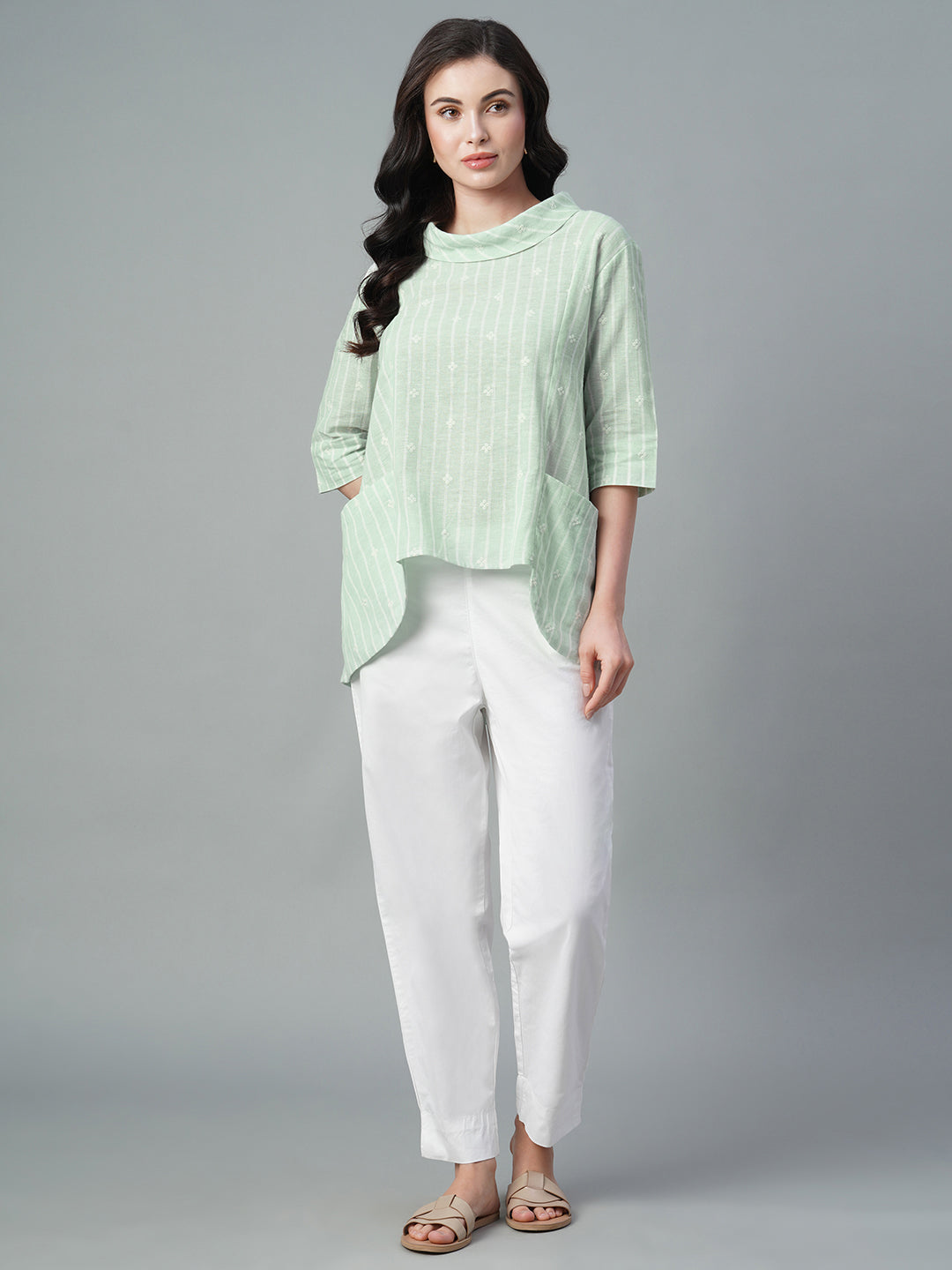 Women's Mint Cotton Flax Regular Fit Blouse