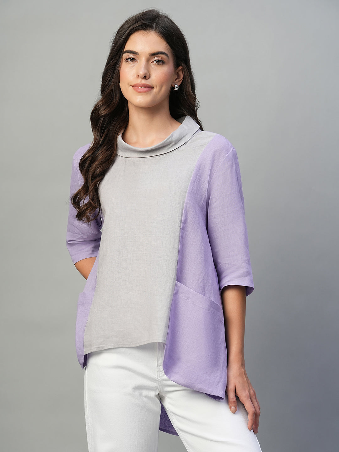 Women's Lilac 100% Linen Regular Fit Blouse