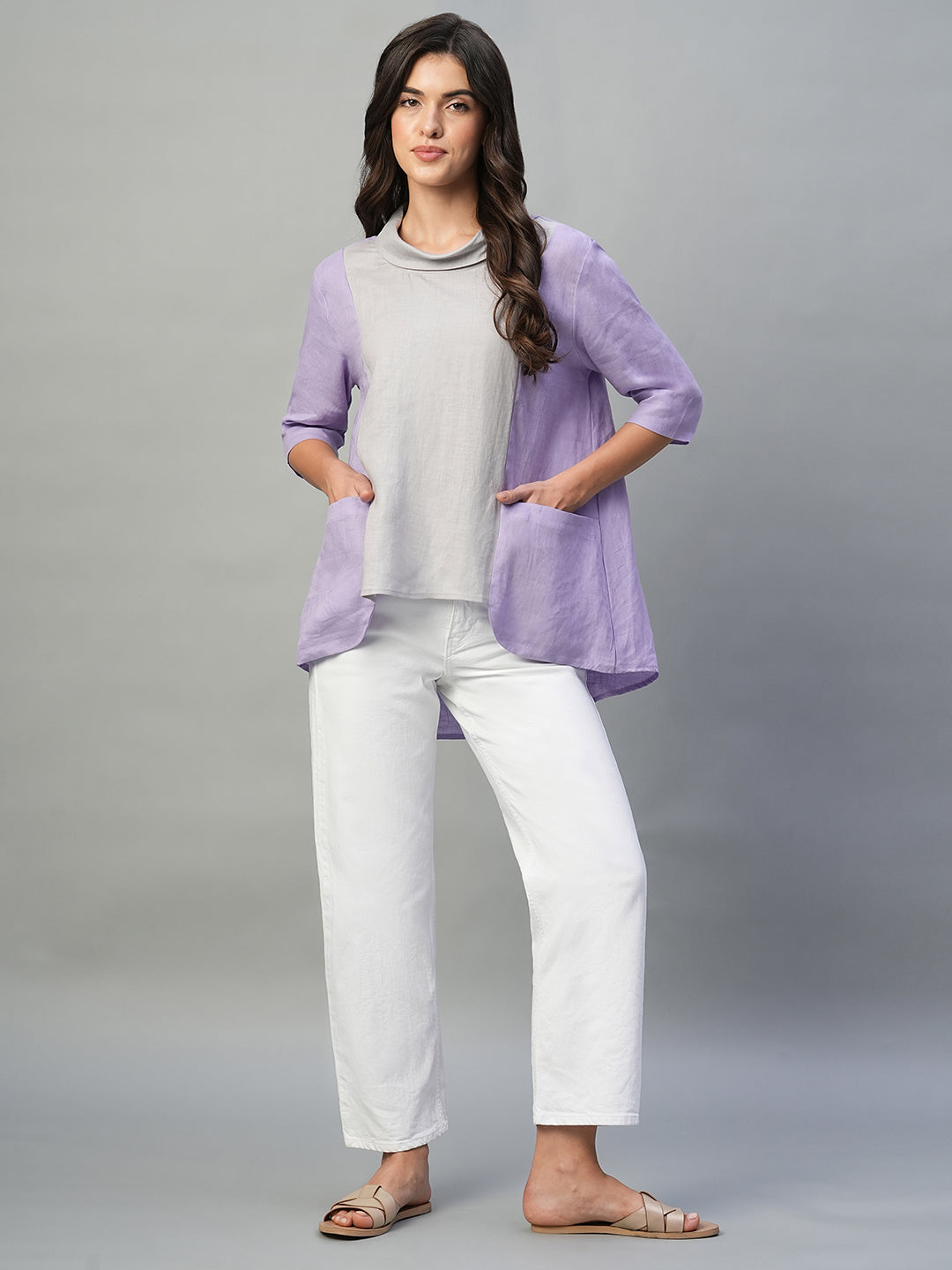 Women's Lilac 100% Linen Regular Fit Blouse