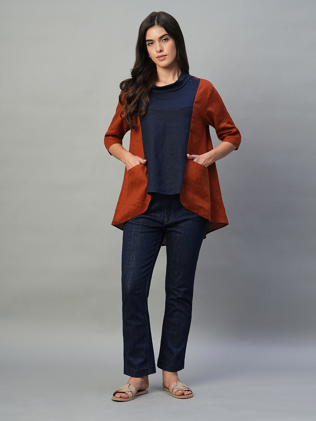 Women's Rust 100% Linen Regular Fit Blouse